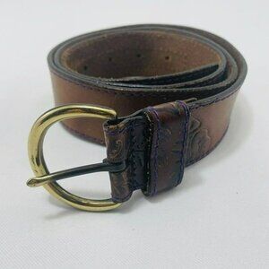 Express Leather Belt Buckle Western Cowboy Men Women Size L Brown Brass Flower